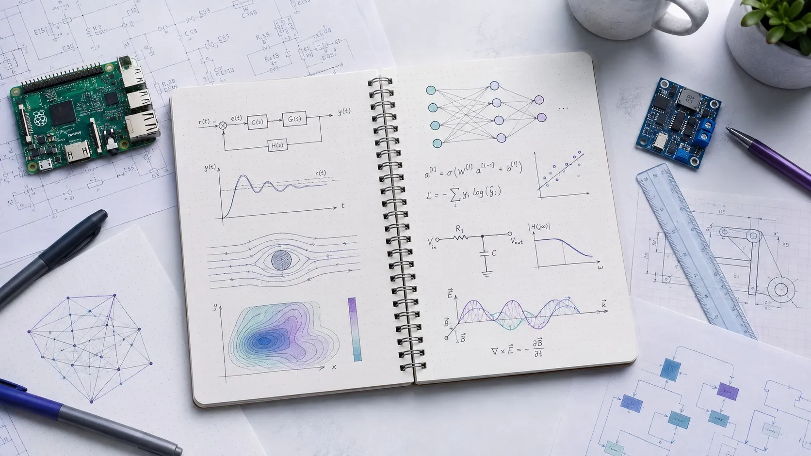 Engineering notebook with diagrams, circuits, a Raspberry Pi, and data-analysis sketches