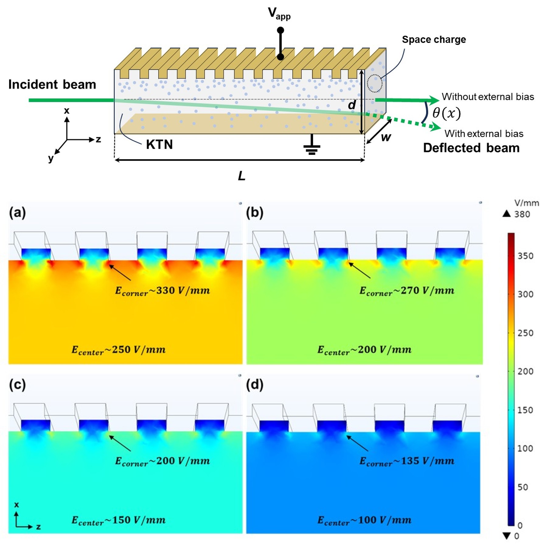 Schematic of the surface topology of the KTN EOD. FEA simulation (COMSOL) of the electric field distribution.